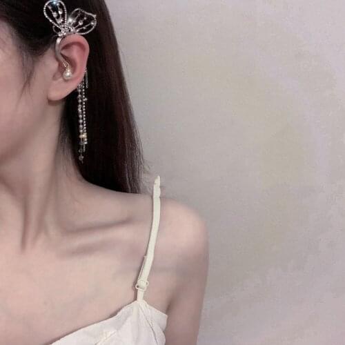 Beautiful Crystal Long Tassel Butterfly Earring Ear Clip Round Pearl Shiny Rhinestone Ladies Earring Ear Bone Clip Jewelry