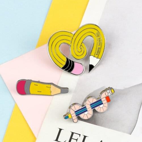 Creative Twisted Pencil Brooches Yellow Heart-shaped Insect Pen Cartoon Enamel Pin Badge Clothes Lapel Pins Jewelry for Friends