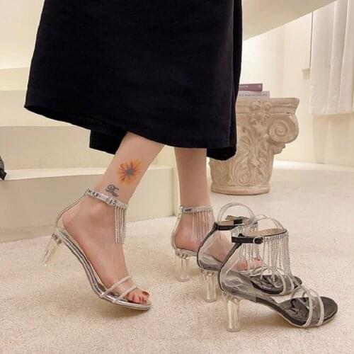 Hot Sale One Word Buckle Rhinestone Sexy Open Toe Elegant Ladies Sandals Summer New Style Wild Temperament Square Heel High Heel