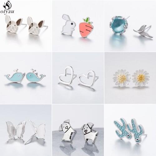 Oly2u Small Animal Stud Earrings Cartoon Mermaid Tail Rabbit Dog Butterfly Small Earrings for Women Children Piercing Jewelry