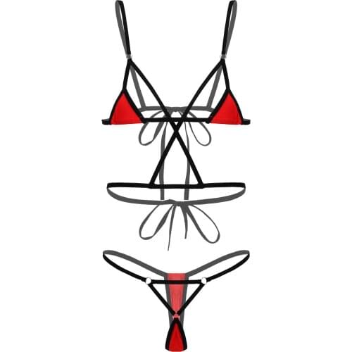 Bikini Lingerie Set Womens Erotic Hot Sexy Suit Strappy Lace-Up O-Ring Adjustable Spaghetti Strap Bra Tops with G-String Briefs