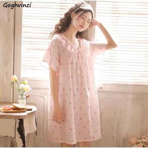 Nightgowns Women Knee-length Sweet Floral Cute Ruffles Summer Thin Daily All-match Nightdress Students Lounge Japanese Comfort