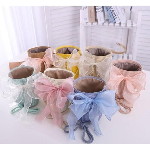 New Fashion Parent-child Messenger Bag Straw Bucket Bag for Girls Cute Big Bow Childrens Crossbody Child Girl Princess Handbags