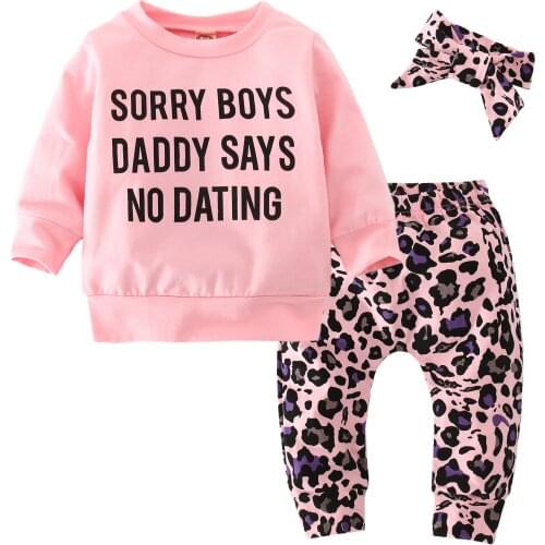 Baby girl clothes Long sleeve Letter print top and Leopard trousers and Headband 3pcs newborn Infant clothing outfits