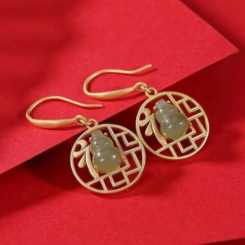 Original S925 Sterling Silver Gilding Hetian Jade Gray Jade Classical Chinese Creative Fu Style Elegant Womens Earrings Earring