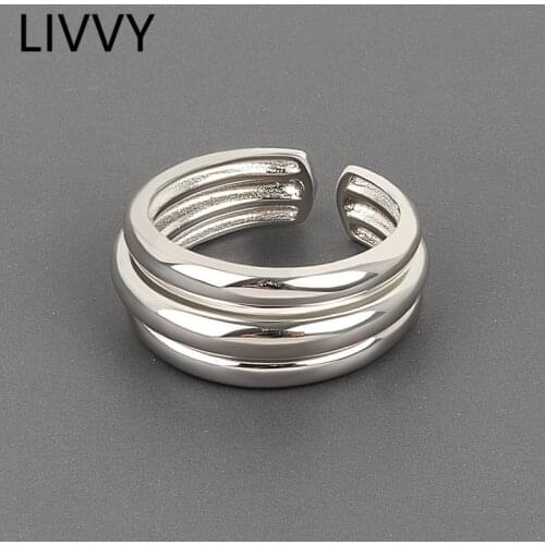 LIVVY Silver Color Simple Geometric three Solid Layers Smooth Ring Female Fashion High-end Trend Classic Jewelry Accessories