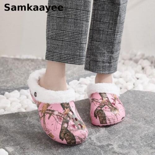 Size 36-41 Womens Slippers Winter Female Garden Shoes Print Cotton Clogs Slip-On Mujer Waterproof Anti-skid Warm Zapatos Y27