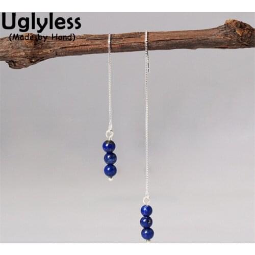 Uglyless Simple Gemstones Beading Long Ear Lines for Women Nature Garnet Lapis Turquoise Earrings 925 Silver Summer Dress Brinco