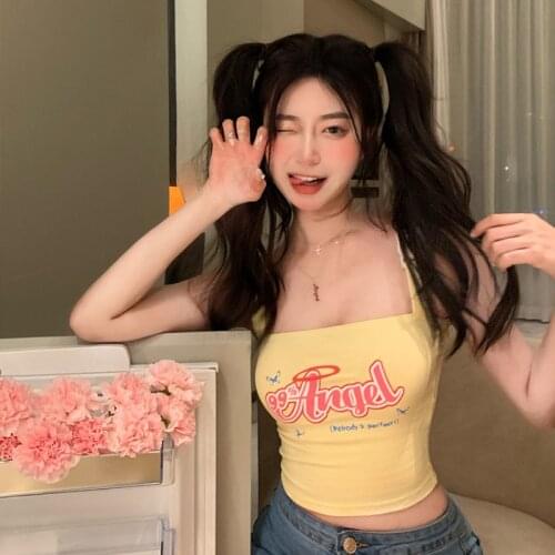 Vest Knitted Summer Vintage Sexy Crop Top Women Cute Letter Print Short Slim Yellow Tanks Camisole Chic Casual Sweet Girls Vests