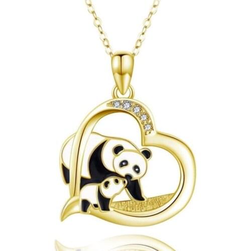 WANGAIYAO Mothers Day New Heart-shaped Inlaid Zircon Pendant Alloy Painting National Treasure Mother and Child Panda Necklace I