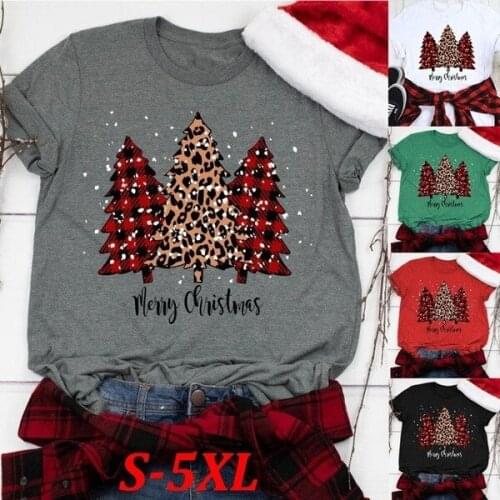 Women T Shirt Merry Christmas Plaid Tree Print Tshirt Women Short Sleeve O Neck Loose T-shirt Ladies Summer Causal Tee Shirt