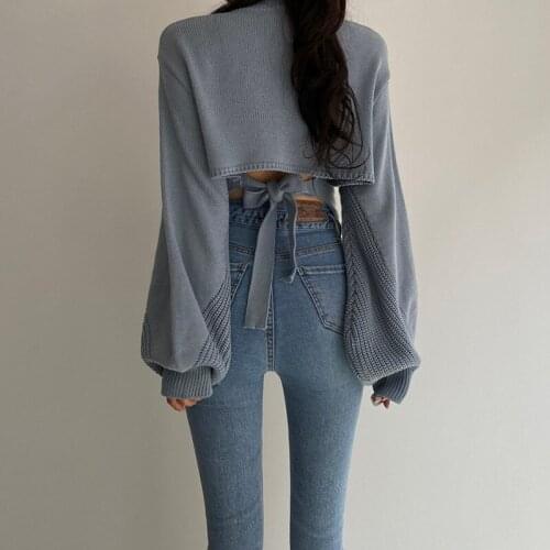 Pull Femme Casual Korea Wild Autumn Winter Loose Blue V Neck Lantern Sleeve Pullovers Sweater Bandage Backless Knitted Shirt Top