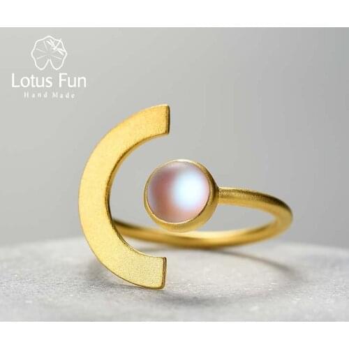Lotus Fun 18K Gold Minimalism Mellow Moonlight Adjustable Rings for Women 925 Sterling Silver Glazed Stone Jewelry 2021 Trend