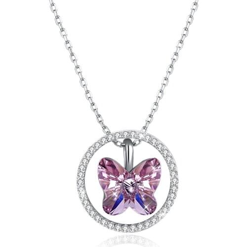 SILVERHOO 925Sterling Silver Pendant Necklaces Women Ring Butterfly Shape Austria Crystal Cubic Zirconia Simple Wedding Necklace