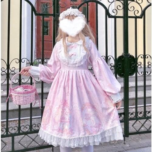 Japanese Style Girls Long Sleeve Sweet Lolita Dress Women Bowknot JSK Cute Doll Collar Tea Party Cosplay Lace Dress Maid Costume