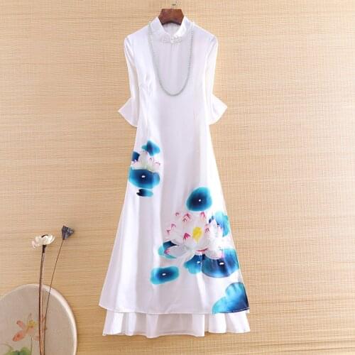 High-end Summer Women Chinese Style Cotton Aode Dress Embroidery Print Lotus Elegant Slim Lady A-line Qipao Dress S-XXL