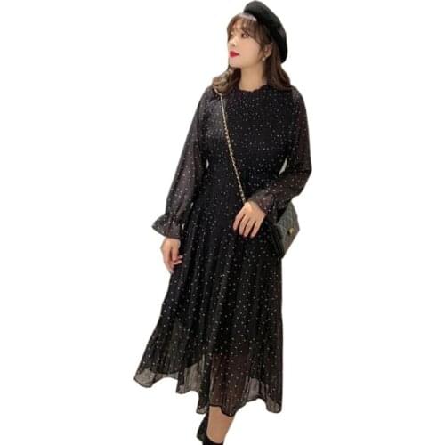 2021 French Spring Summer Womens Polka Dot Print Pleated Chiffon Dress Femme Robe Long Sleeve Fashion O-Neck Vintage Dress
