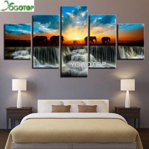 DIY Diamond Painting 5 Panel Elephant Animal 5D mosaic Diamond Embroidery Handcraft Kit Home Decor waterfall Sunset View ML1018