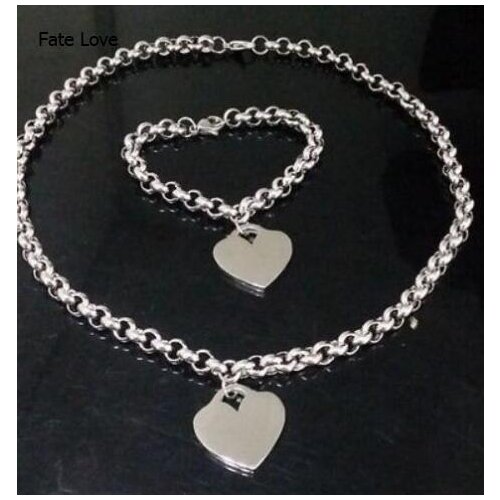 Fate Love Brand New Stainless Steel Jewelry set Cute Love Heart Tag Charms Bracelet + Necklace Round Rolo Chain 4mm wide