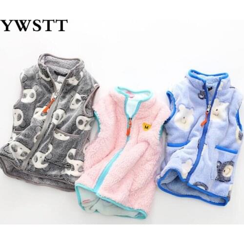 Kids Vest 2018 Autumn Winter Childrens Coral Velvet Wear Both Collar Vest Boys Girls Cartoon Printed Zipper Vest
