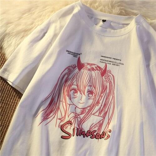 Japanese anime girl print cotton white short-sleeved O neck T-shirt size women clothes loose vintage casual tshirt summer top