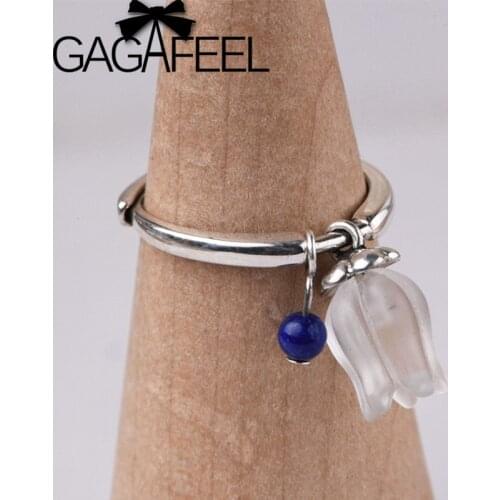 GAGAFEEL Zircon Crystal Flower Tassel Literary Ring 925 Sterling Silver Lapis Open Rings for Women Girl Party Simple Jewelry
