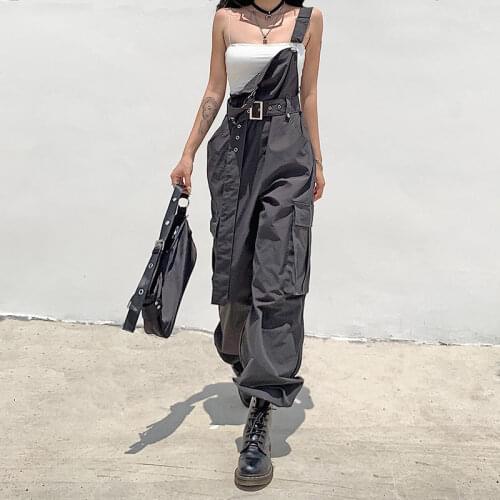 HOUZHOU Black Overalls Women Cargo Pants Vintage Streetwear Gothic Oversize Belt Dungarees Wide Leg Pocket Pants Casual Trousers