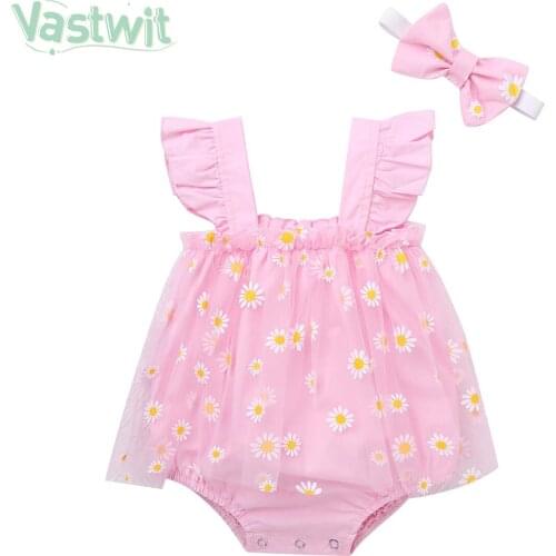 Summer Newborn Baby Girls Romper Dress Sweet Flower Print Bodysuit Square Collar Sleeveless Lace Tutu Jumpsuit Clothes Outfits