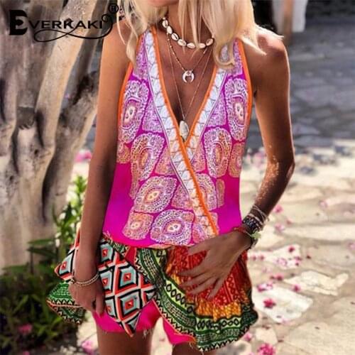 Everkaki Boho Folk Print Rompers Playsuits Women Summer Gypsy Sleeveless Oversize V Neck Bohemian Jumpsuits Rompers Female 2021