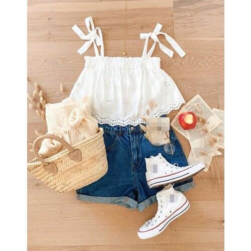 0-6Y Cute Summer Kids Girls Clothes Sets Ruffles Sleeveless Lace Hollow Vest Top Blue Denim Shorts 2pcs Outfits Toddler Clothing