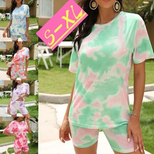 Kuelawear Tight Shorts Two Piece Suit Womens Casual Fade Color Summer Suit Ladies Loose Round-neck Print Tops Fashion Daily Tops