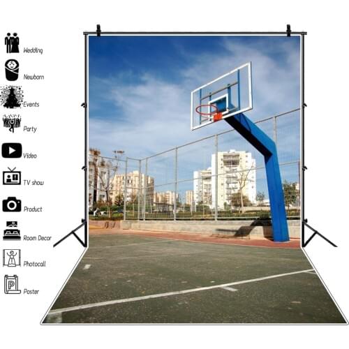 Laeacco Old Town Basket Court Playground Park Sport Match Party Blue Sky Scenic Photo Background Photographic Backdrop Photocall