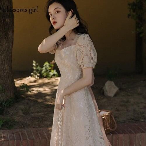 Summer European Station High-End Banquet Fairy Dress Lace Retro Puff Sleeve Net Yarn Tie Bow Dress