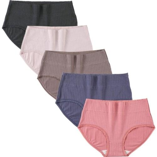 Hot Cotton Panties Women 5Pcs Pure Color High-Rise Stripe Silk Briefs Comfortable Breathable Sexy Lingeries Large Size xxxl 4xl