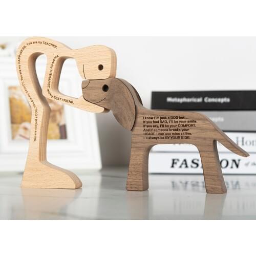 Human and Woman Wooden Dog Craft Figurine Wood Carving Model Creative Home Office Decoration Desktop Table Ornament Family Puppy