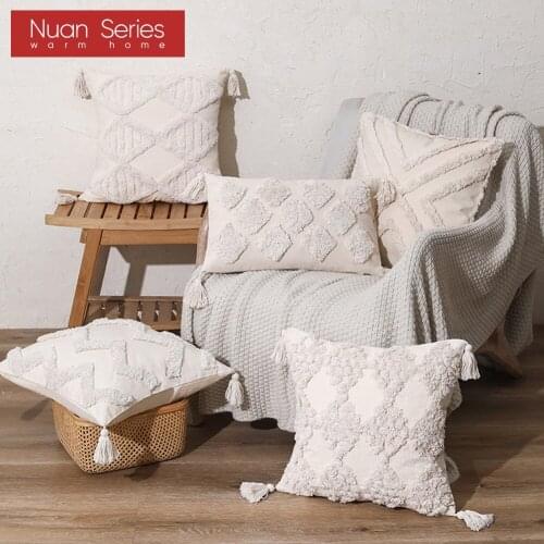 Tassels Cushion Cover Beige Boho Pillowcase with Tassels Tufted Home Decor Handmade Woven Pillowcase Sofa Living Room Decoration