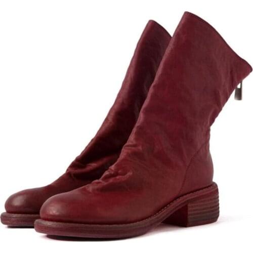 New Arrivals Genuine Leather Ankle Booties Zipper Up Chunky Medium Heels Round Toe Shoes Winter Autumn Spring Casual Party Boots