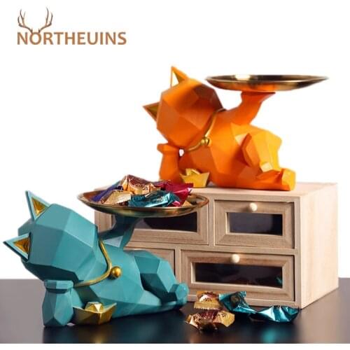 NORTHEUINS Resin Lucky Cat Tray Figurine Nordic Cute Home Decor Animal Room Decoration Desktop Snack Key Dressing Table Stroage