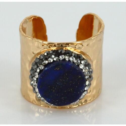 Luxury design jewelry cutted round natural dark blue blapis lazuli rhinestone golden base adjustable open ring unisex