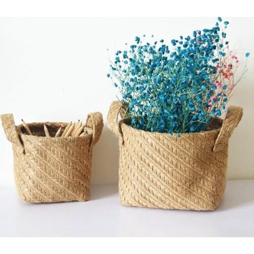 Hand-Woven Storage Basket Flower Pot Crafts Organizer with Handle Sundries Storage Bucket Sundries Desktop Organizer Box