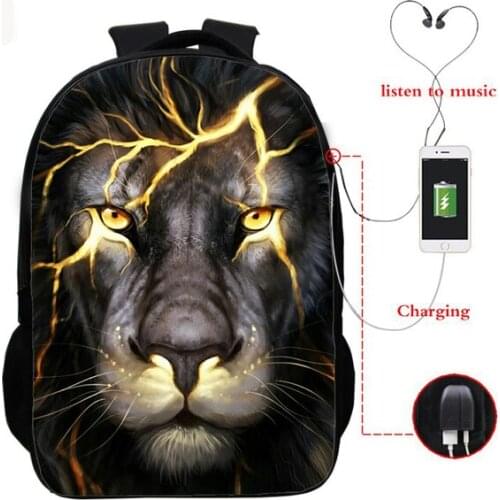 3d Lion USB Charging Backpacks Day Night Wolf Backpack Teenage Boys Girls Student School Bags Children Shoulder Bags Daily Bag