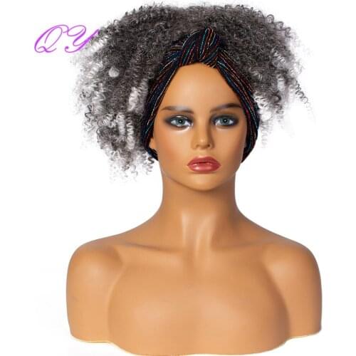 QY Hair Synthetic Headband Wig Natural Grey Culry Color Wrap Wig Temperature Fiber Hair For African Woman