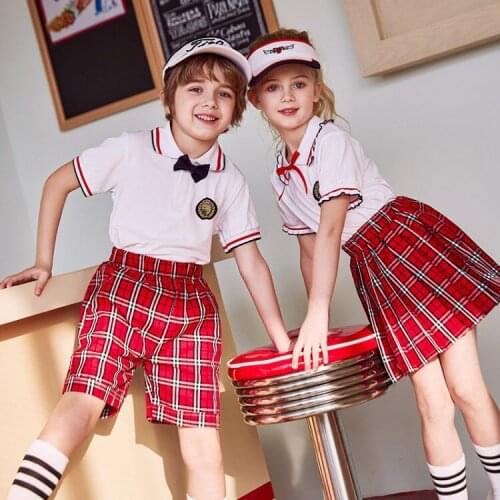 Kids School Uniform Sets 2021 Summer New Baby Boys Girls Plaid College Styel Suits White T Shirts Skirts Shorts Child 2pcs Set