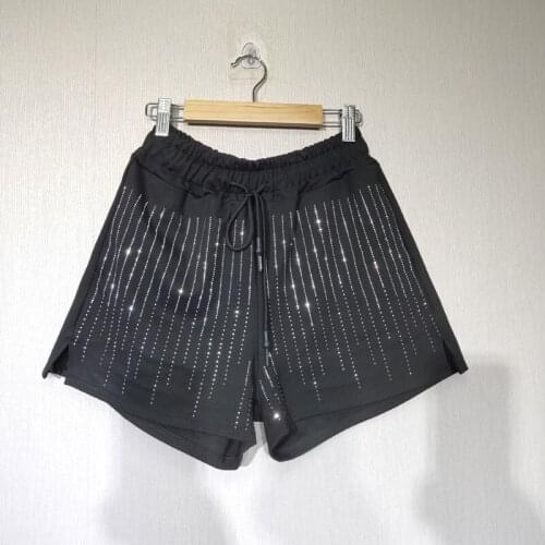 Plus Size Shorts Woman New Style Spring Autumn Large Size Vertical Stripe Hot Drilling Diamond Slit Elastic Waist Shorts Short