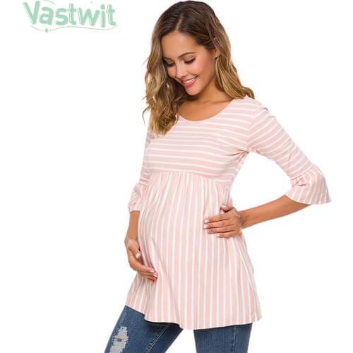 Ruffle Maternity Tops Loose Pregnancy Blouse Striped T-shirt Tunic 3 Quarter Casual Maternity Clothes Pregnant Womens Clothing