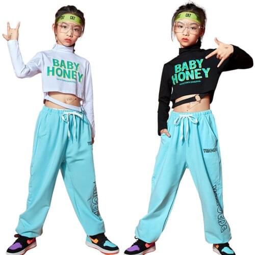 Lolanta Kids Girls Crop Long Sleeve Top Or Blue Pants Clothes Children Hip Hop Jazz Costume Street Casual Wear
