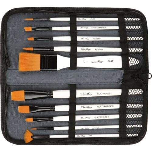 10Pack Mix Nylon Hair Art Artists Painting Brushes Set with Zipper Carry Case