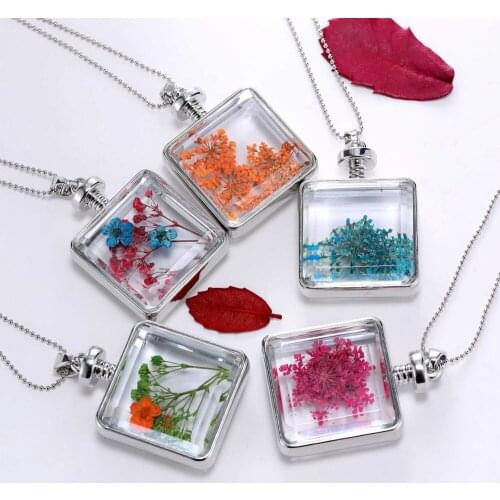 Top Quality 1 Pcs Silver Plated Dried Flowers Plant Specimen Square Glass Floating Locket Living Charms Pendants Necklace
