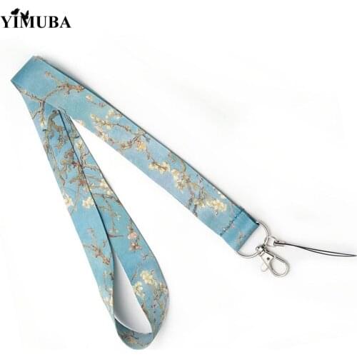 YIMUBA Van Gogh Almond Art Painting Key Chain Branch in Bloom Printed Ribbon Lanyards USB Badge Holder Mobile Phone Neck Straps