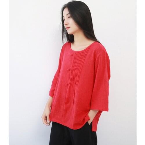 Aransue Art Retro New Slubby Cotton T-Shirt Womens Summer Short Sleeve Round Neck Loose Solid Color Pullover Shirts
